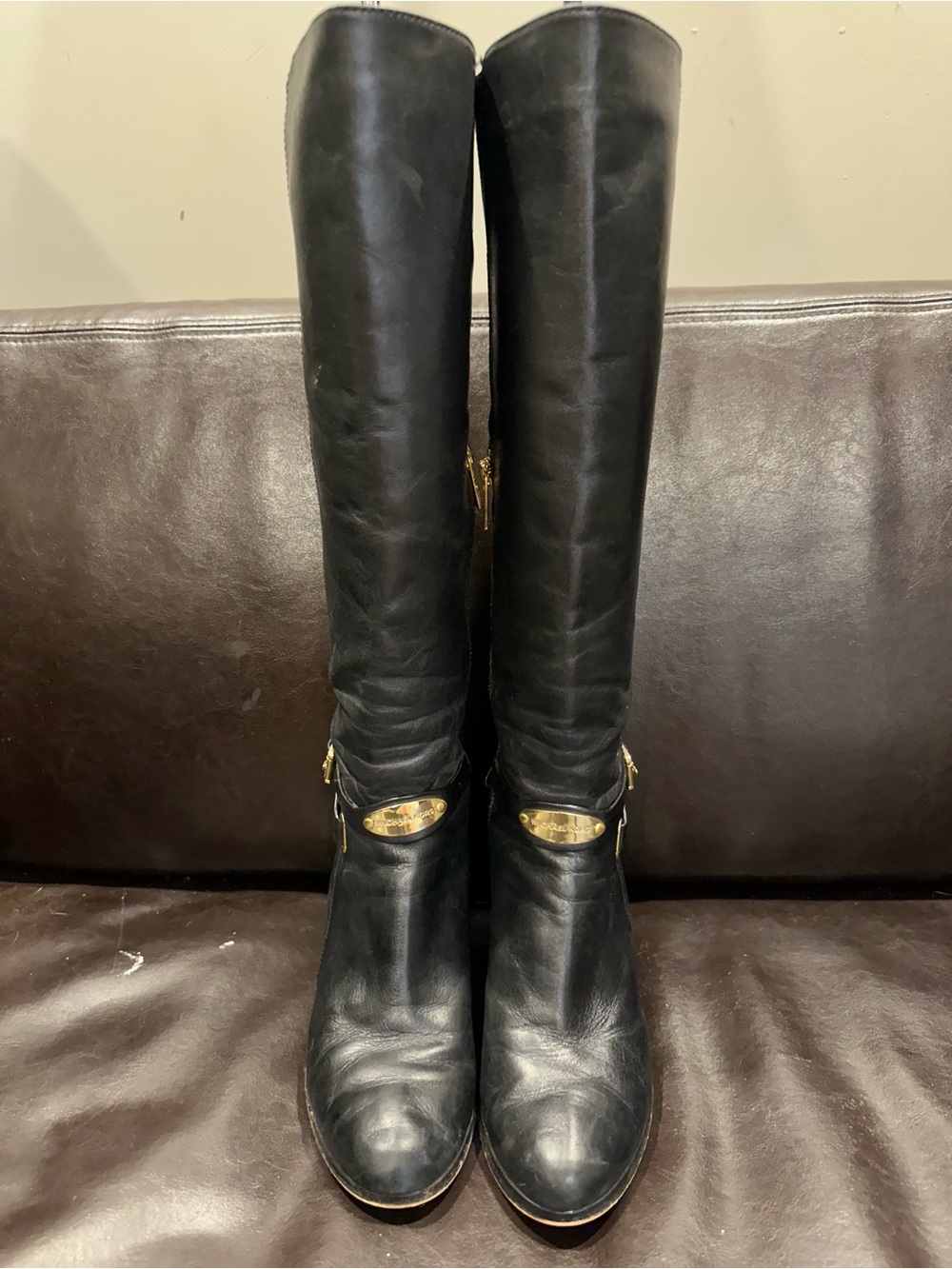 Black Leather Knee-High Women's Boots with Gold Accent US 7.5 | fall boot